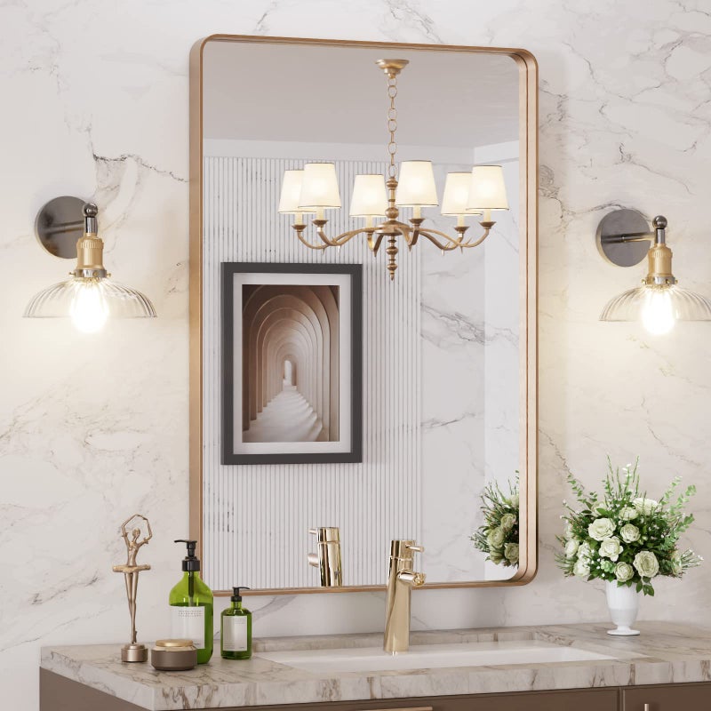 LOAAO 24â€X36â€ Gold Bathroom Mirror, Rounded Rectangle Gold Frame Mirror, Brushed Gold Bathroom Vanity Mirror Wall-Mounted, Anti-Rust, Hangs Horizontally or Vertically - Image 4
