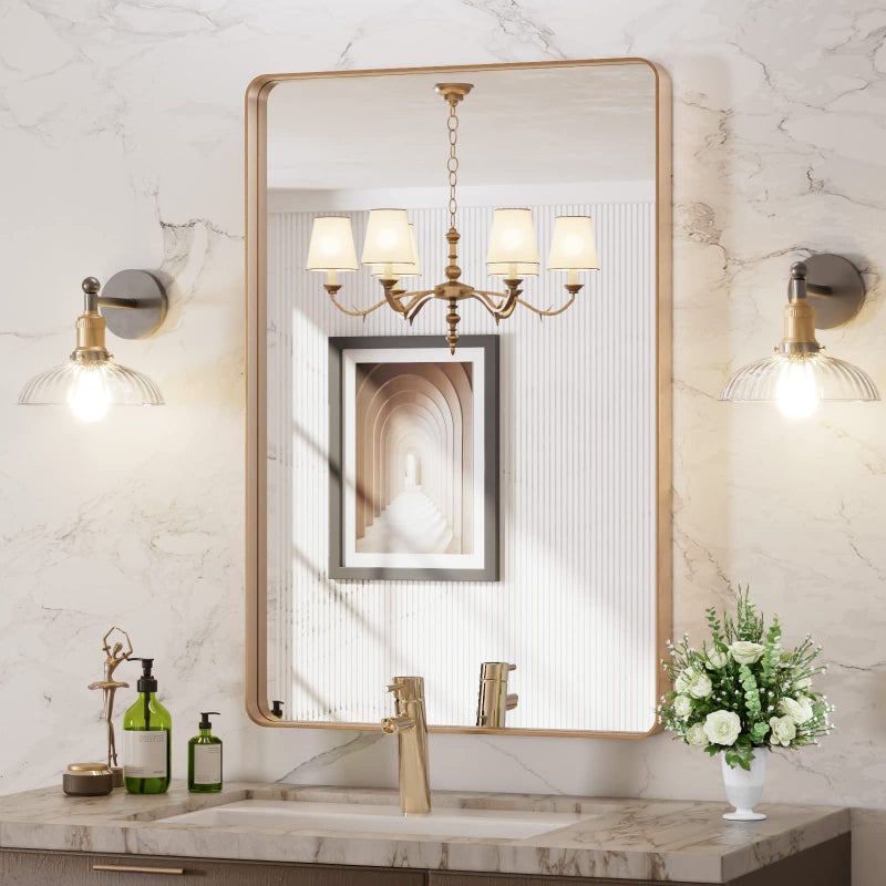 LOAAO 24â€X36â€ Gold Bathroom Mirror, Rounded Rectangle Gold Frame Mirror, Brushed Gold Bathroom Vanity Mirror Wall-Mounted, Anti-Rust, Hangs Horizontally or Vertically - Image 1