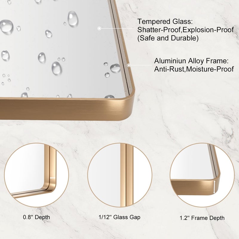 LOAAO 24â€X36â€ Gold Bathroom Mirror, Rounded Rectangle Gold Frame Mirror, Brushed Gold Bathroom Vanity Mirror Wall-Mounted, Anti-Rust, Hangs Horizontally or Vertically - Image 5