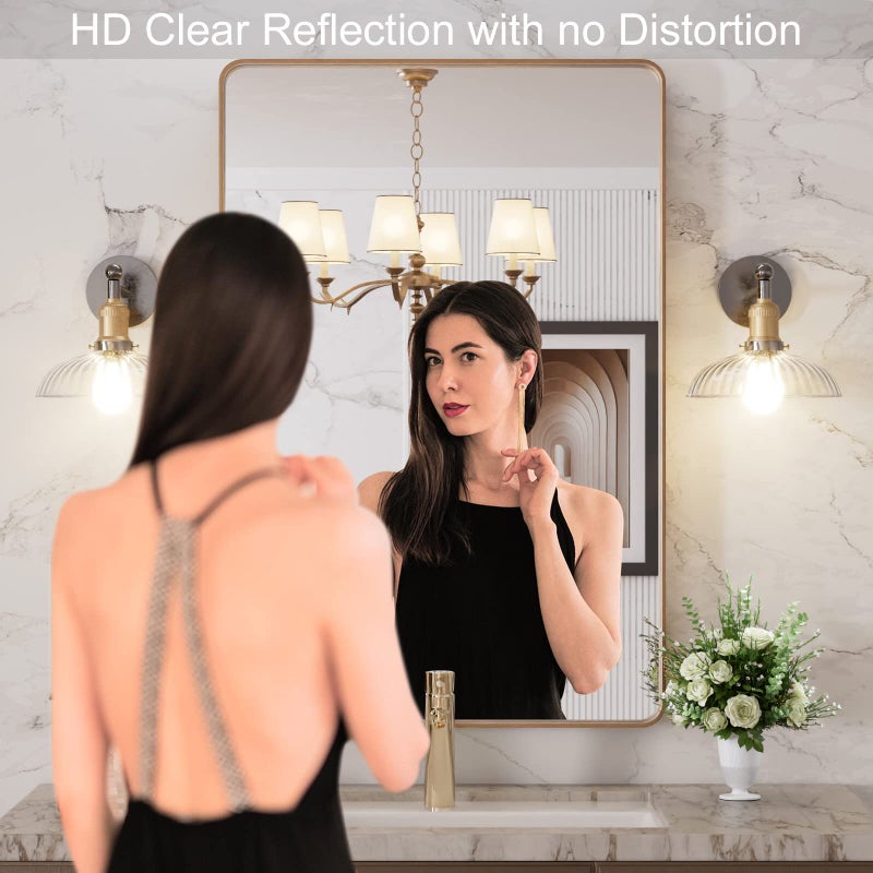 LOAAO 24â€X36â€ Gold Bathroom Mirror, Rounded Rectangle Gold Frame Mirror, Brushed Gold Bathroom Vanity Mirror Wall-Mounted, Anti-Rust, Hangs Horizontally or Vertically - Image 2