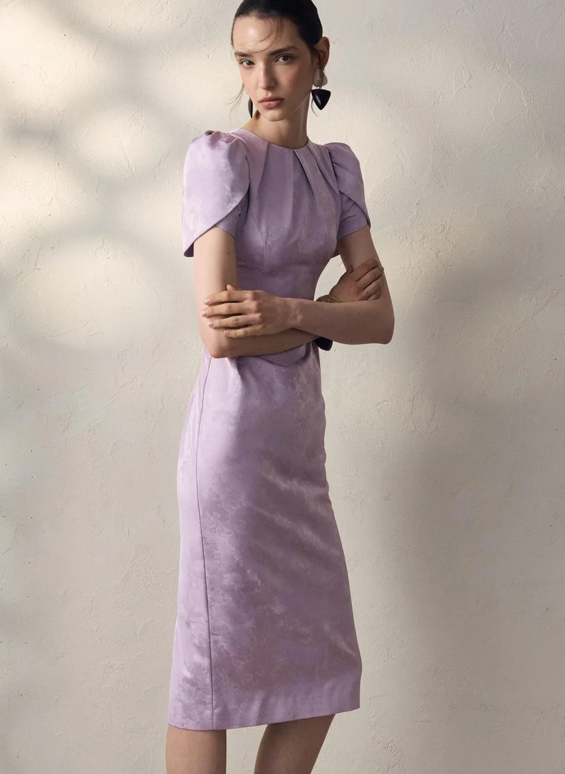 Lichi  Midi dress with voluminous short sleeves and a straight skirt for Women | Best Price UAE