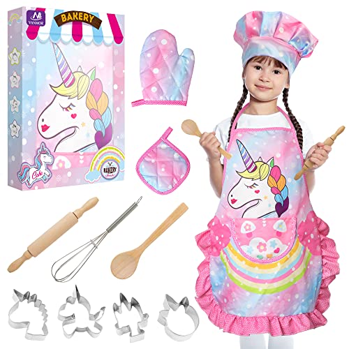 Vanmor Unicorn Kids Cooking and Baking Sets 11Pcs Kids Aprons for Girls Kids Chef Hat and Pink Apron Mitt  Utensil for Toddler Dress Up Chef Costume Birthday Gifts for 3 4 5 6 7 8 Years Old Girls - Image 1