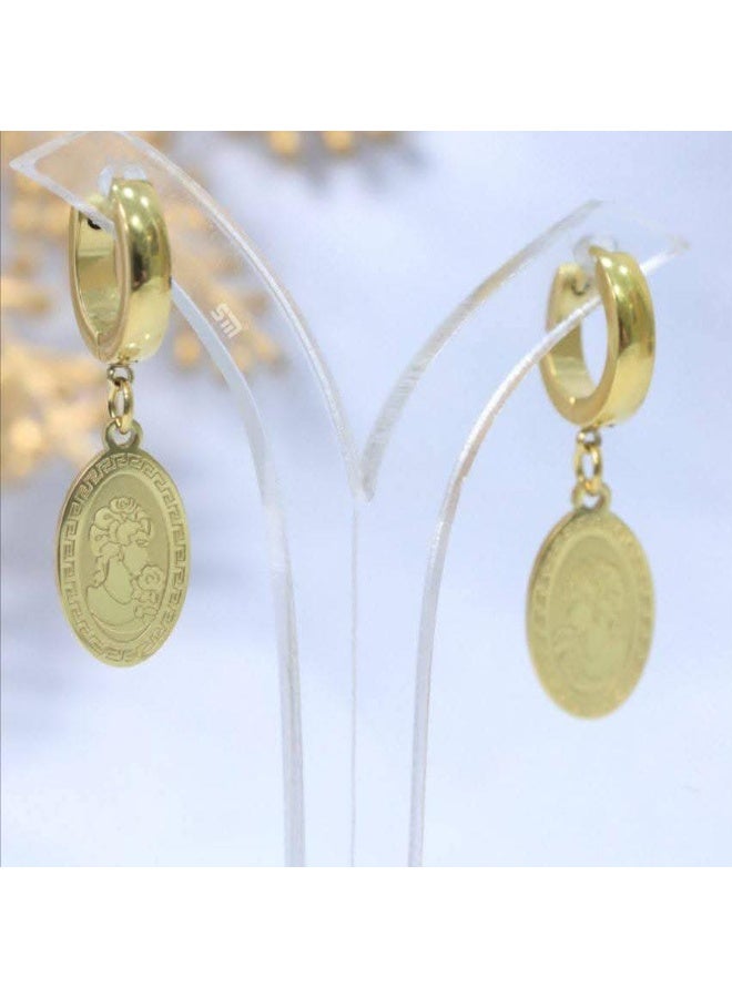 Luxuria Women's gold-colored earrings with an oval-shaped pendant (luxury classic style) - Image 2
