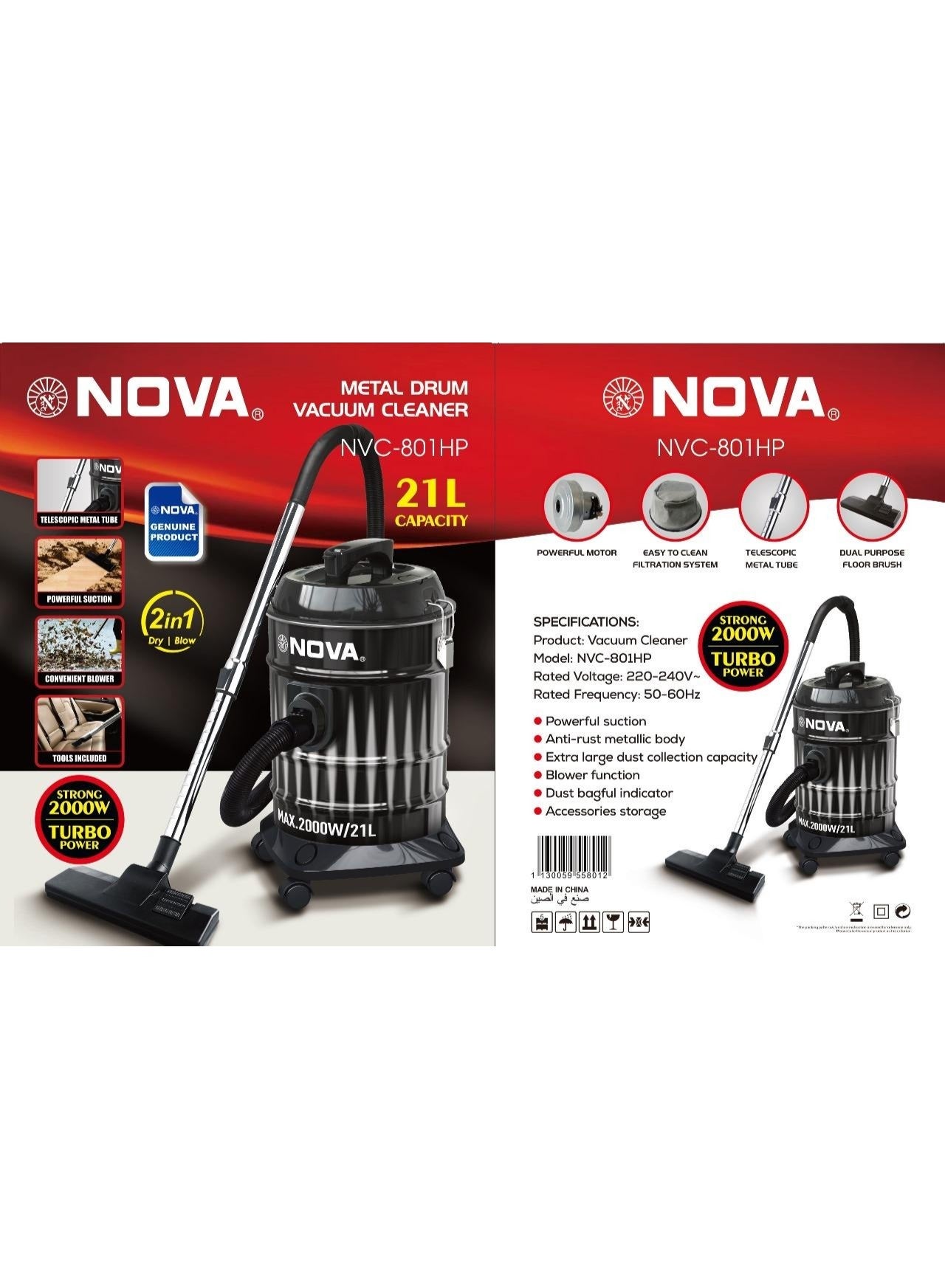 NOVA 21L Industrial Vacuum Cleaner 2000W Heavy Duty Cleaning Machine Built for tough cleaning tasks, this industrial-grade vacuum ensures high efficiency, large capacity, and durability. Comes with multiple tools for floors, upholstery, and tight spaces cleaning.