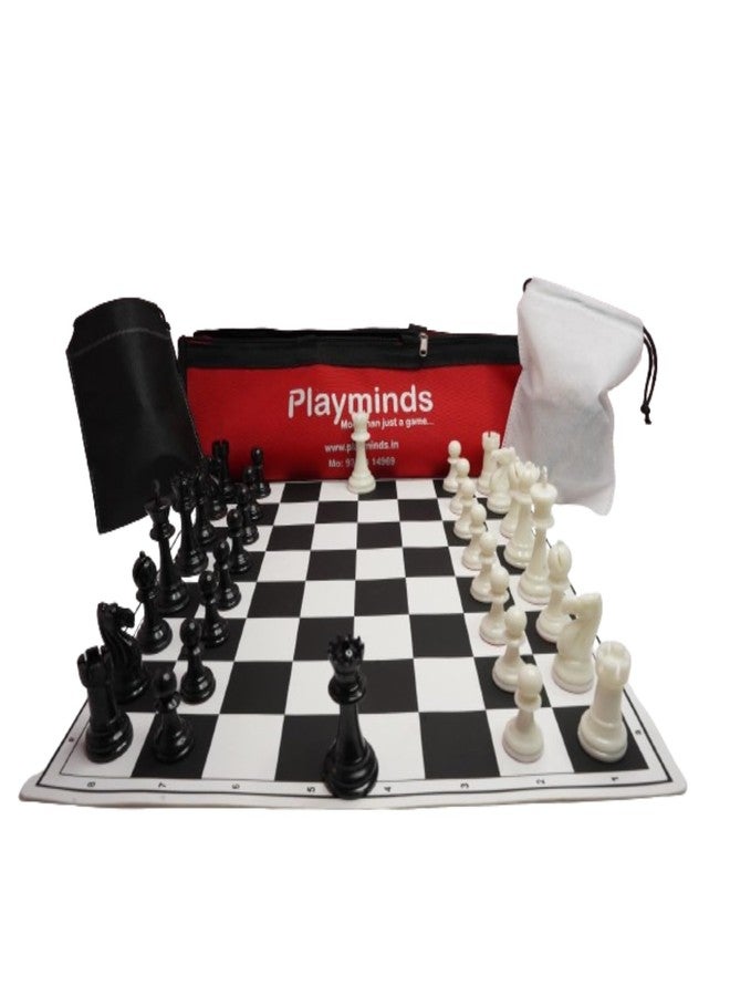Playminds17'' x 17'' Tournament Chess Vinyl Foldable Chess Game with Solid Plastic Pieces (with Two Extra Queens + Pouch for Mat + Bag) - for Professional Chess Players - Black and White - Image 1