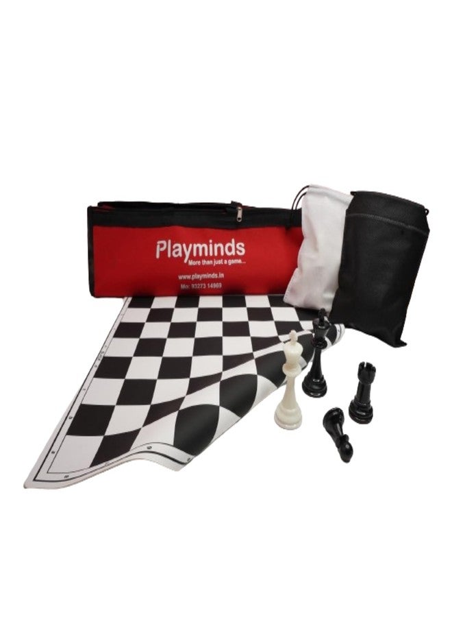 Playminds17'' x 17'' Tournament Chess Vinyl Foldable Chess Game with Solid Plastic Pieces (with Two Extra Queens + Pouch for Mat + Bag) - for Professional Chess Players - Black and White - Image 3