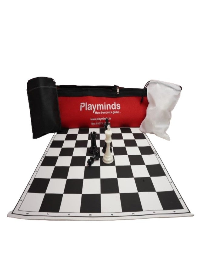 Playminds17'' x 17'' Tournament Chess Vinyl Foldable Chess Game with Solid Plastic Pieces (with Two Extra Queens + Pouch for Mat + Bag) - for Professional Chess Players - Black and White - Image 2