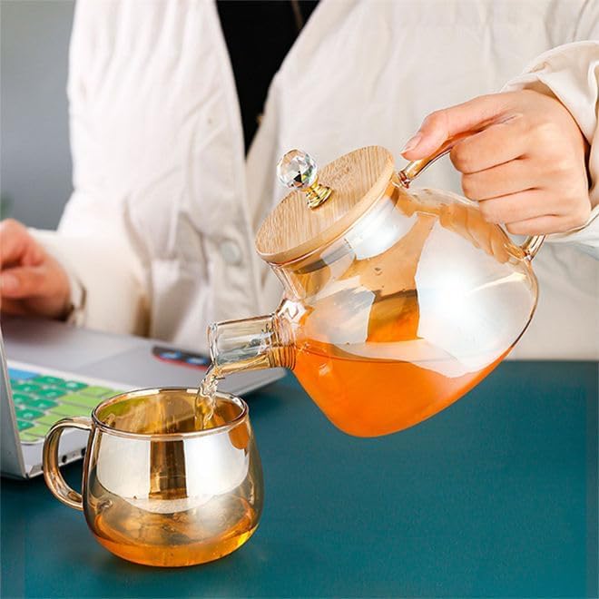 GipiBox Wooden Lid with Diamond Glass Tea Pot Gold Kettle Coffee Jug for Juice Black Tea Green Tea Juice Water and Serve Everything Glass Tea Pot with InfuserMicrowave Safe 1000ML 1 Pcs - Image 3