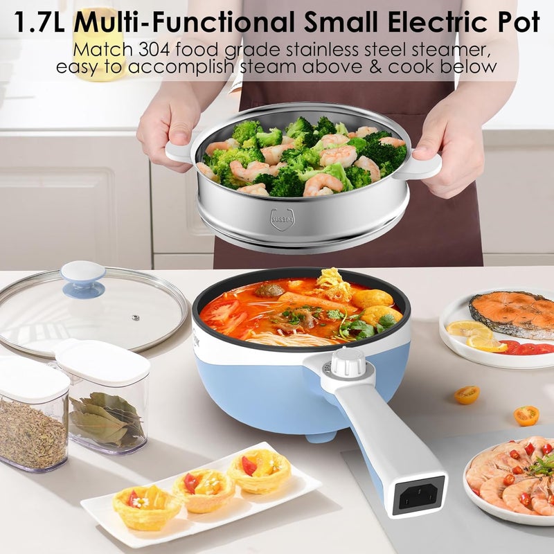 Audecook Hot Pot Electric,Mini Electric Skillet Portable Nonstick Sauté Pan with Power Adjustment, Rapid Ramen Cooker Travel Multicooker Electric Pot for Steak/Soup (G(blue/1.7L with steamer)) - Image 4