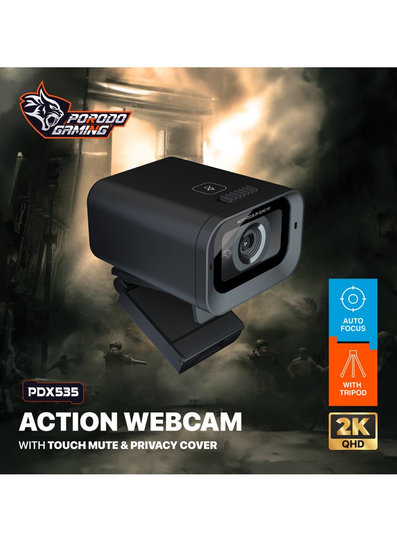 porodo Web Cam 2K 30fps Auto Focus with Built-in Mic and Tripod / High Definition /Windows/Mac/Android/ Touch Mute & Privacy Cover / High-Clarity Vision & Mic / QHD Resolution - Black - Image 3