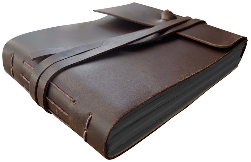 RUSTIC TOWN Leather Photo Album Handcrafted Papers - Scrapbook Style Pages for 4x6 or 5x7 inches Birthday, Memories, Wedding Photos (Black Papers), Medium - Image 1