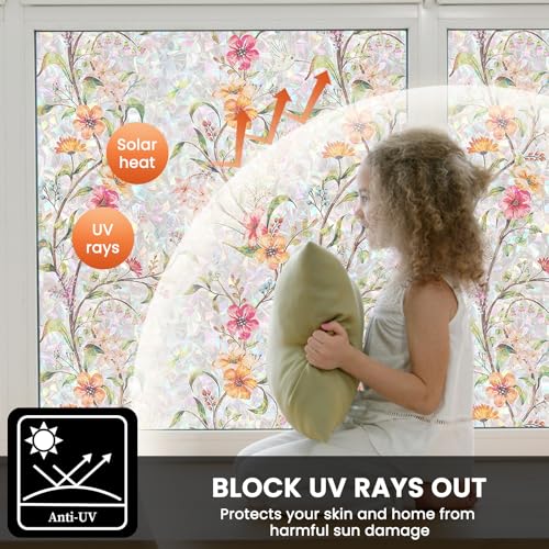 FEOMOS Stained Glass Window Film, Window Privacy Film with Sun & UV Heat Blocking, Floral Static Cling Window Tint, Rainbow Decorative Sticker for Home 17.7 x 78.7 inches - Image 4