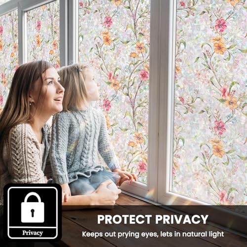 FEOMOS Stained Glass Window Film, Window Privacy Film with Sun & UV Heat Blocking, Floral Static Cling Window Tint, Rainbow Decorative Sticker for Home 17.7 x 78.7 inches - Image 3
