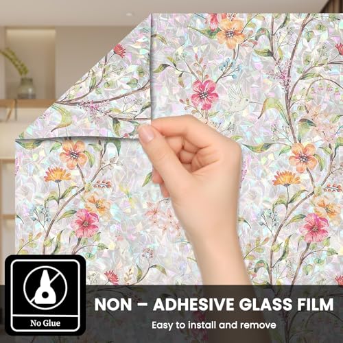 FEOMOS Stained Glass Window Film, Window Privacy Film with Sun & UV Heat Blocking, Floral Static Cling Window Tint, Rainbow Decorative Sticker for Home 17.7 x 78.7 inches - Image 5