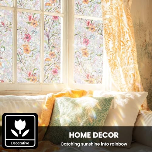 FEOMOS Stained Glass Window Film, Window Privacy Film with Sun & UV Heat Blocking, Floral Static Cling Window Tint, Rainbow Decorative Sticker for Home 17.7 x 78.7 inches - Image 2