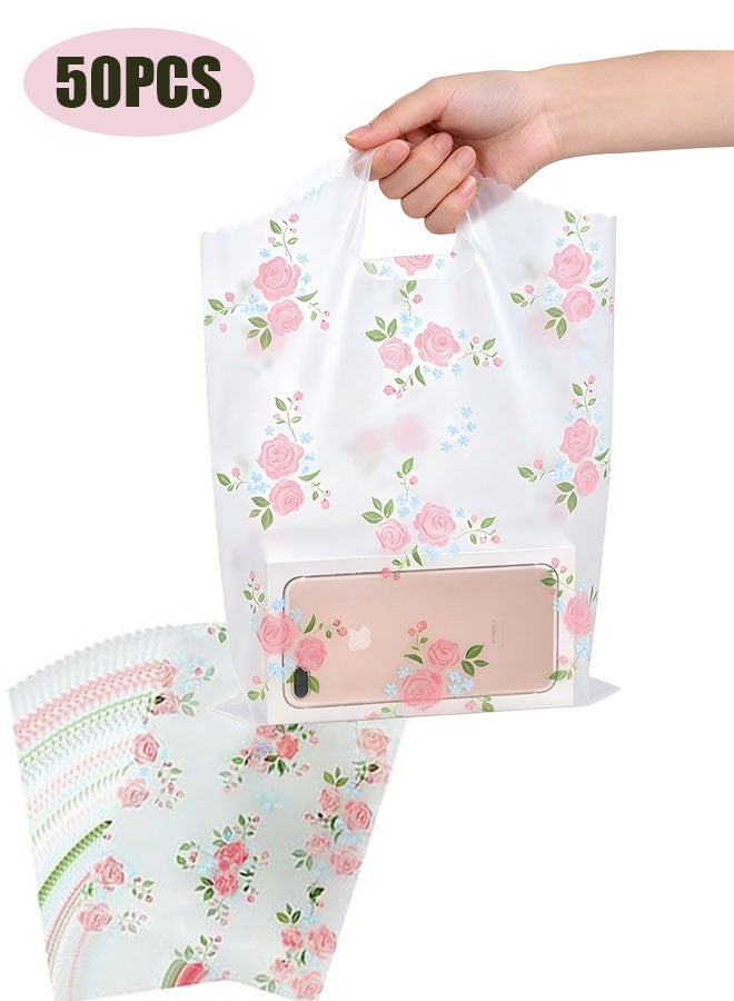 Happy D 50 Rose Pattern Reusable Gift Bags with Plastic Handles - Transparent Cookie and Candy Bags, Suitable for Mother's Day, Birthdays, Weddings, Holidays, and Retail - Charming Floral Design Candy Bags, Small Gift Bag Size 26cm×20cm - Image 1