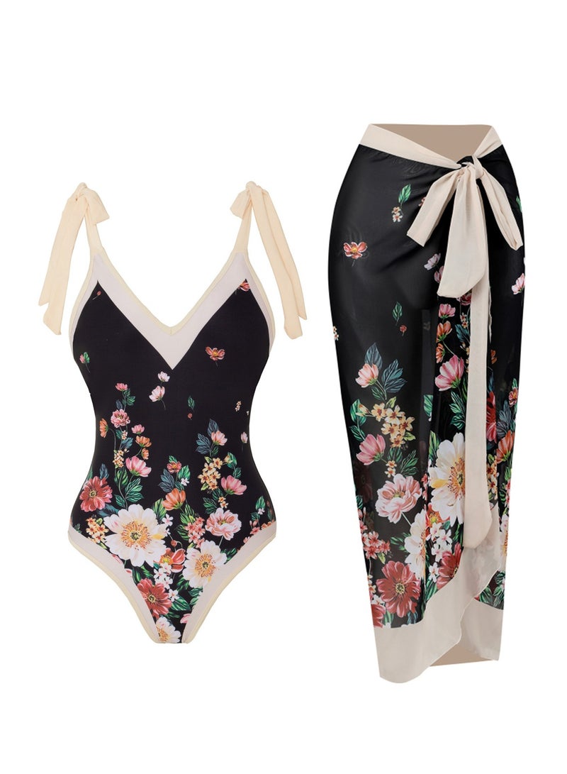 2pcs one piece swimsuit lace up swimsuit maxi skirt swimsuit set  - Image 1