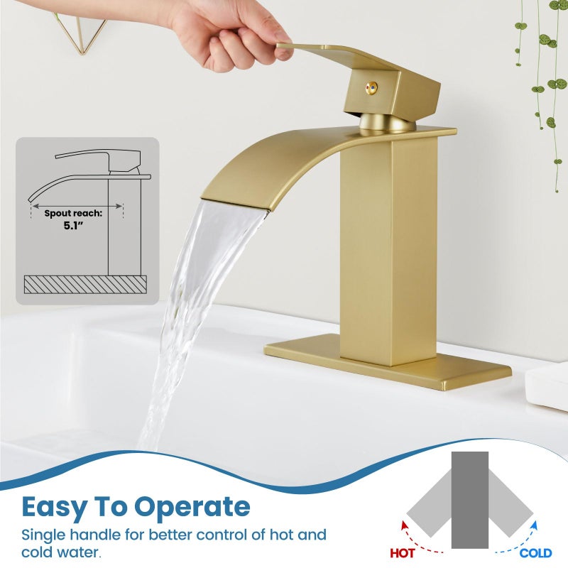 Airuida Brushed Gold Waterfall Spout Bathroom Faucet Single Handle Bathroom Sink Faucet Single Hole Rv Lavatory Vanity Vessel Faucet Basin Mixer Tap With Deck Plate Supply Hoses 1 Hole Or 3 Hole - Image 2