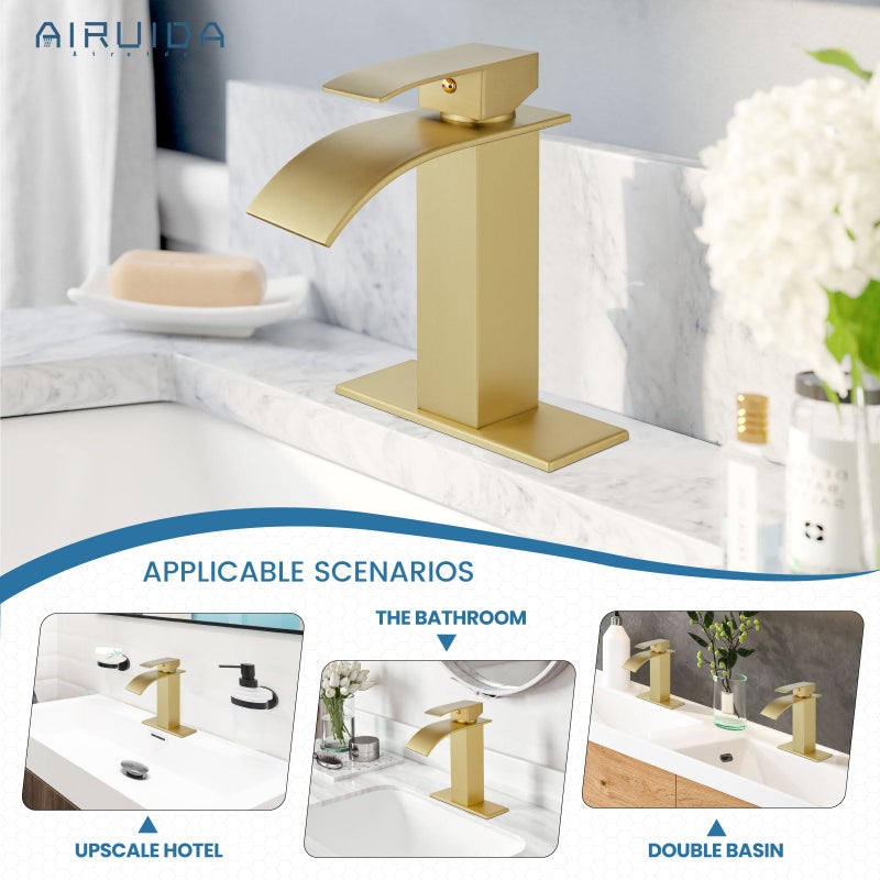 Airuida Brushed Gold Waterfall Spout Bathroom Faucet Single Handle Bathroom Sink Faucet Single Hole Rv Lavatory Vanity Vessel Faucet Basin Mixer Tap With Deck Plate Supply Hoses 1 Hole Or 3 Hole - Image 3