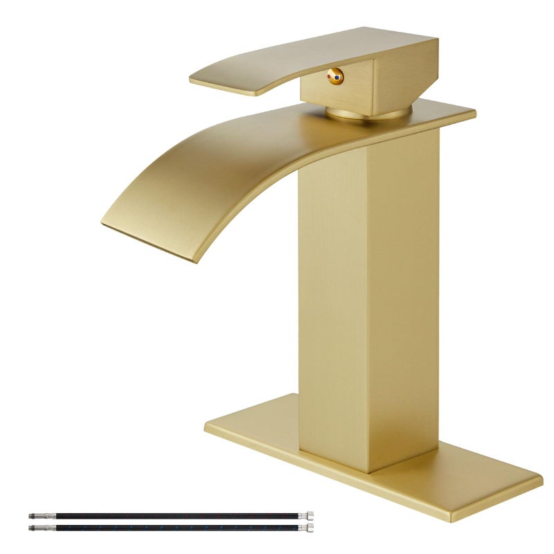 Airuida Brushed Gold Waterfall Spout Bathroom Faucet Single Handle Bathroom Sink Faucet Single Hole Rv Lavatory Vanity Vessel Faucet Basin Mixer Tap With Deck Plate Supply Hoses 1 Hole Or 3 Hole - Image 1