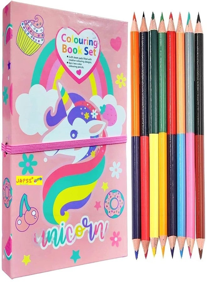 JAPSI Colouring Book Kit for Kids | Colouring Book/Pad with 8 Double Side Color Pencils | Color Drawing Book | Art and Craft Set for 3 Years & Above | Gift for Boys, Girls & Toddlers (Unicorn Theme) - Image 1