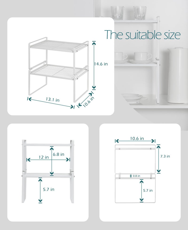 Shantton 2Pack Kitchen Cabinet Shelf Counter Organizer Rack Pantry Storage Bathroom Bedroom Office Table Desk Space Saving Stackable Rust Resistant Non Slip White Wide L13.1In W10.6In H7.3In - Image 2