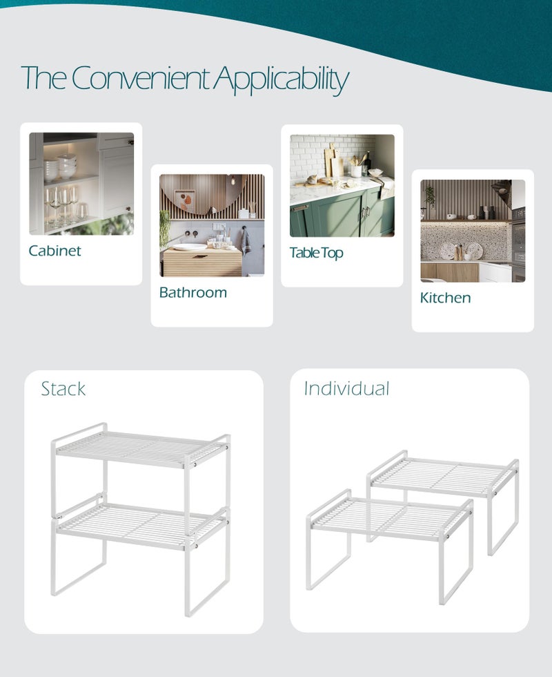 Shantton 2Pack Kitchen Cabinet Shelf Counter Organizer Rack Pantry Storage Bathroom Bedroom Office Table Desk Space Saving Stackable Rust Resistant Non Slip White Wide L13.1In W10.6In H7.3In - Image 3