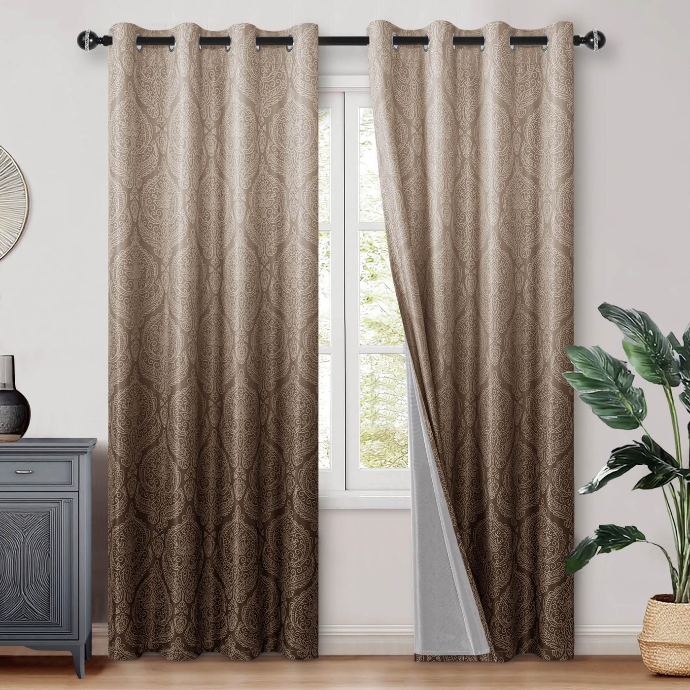 DWCN 100% Blackout Curtains for Bedroom 84 Inch Long - Damask Patterned Ombre Thermal Insulated Energy Saving Grommet Drapes for Living Room, Gradient Window Curtain 2 Panels, 52 x 84 Length, Brown