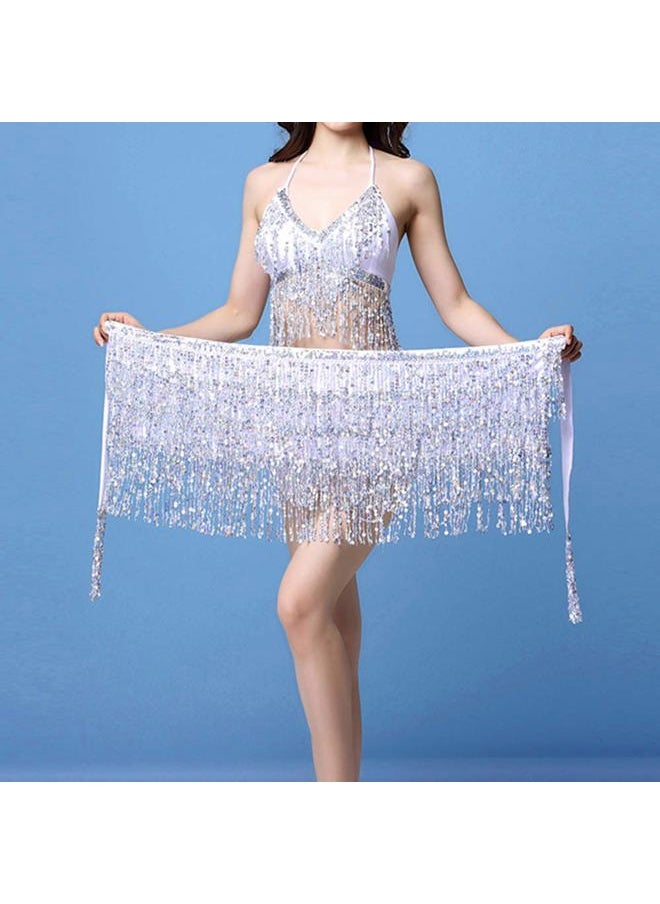 Aimimier - Belly Dance Hip Skirt Sequins Tassel Scarf Multi-Layered Belly Belt Dance Wrap Rave Costume Performance Festival Dresses for Women (Silver) - Image 1