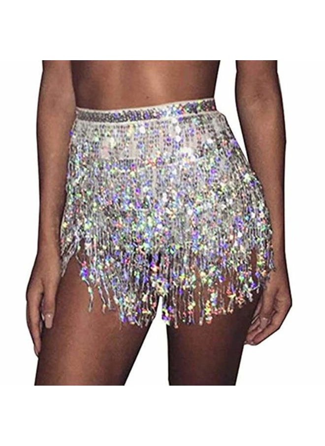 Aimimier - Belly Dance Hip Skirt Sequins Tassel Scarf Multi-Layered Belly Belt Dance Wrap Rave Costume Performance Festival Dresses for Women (Silver) - Image 1