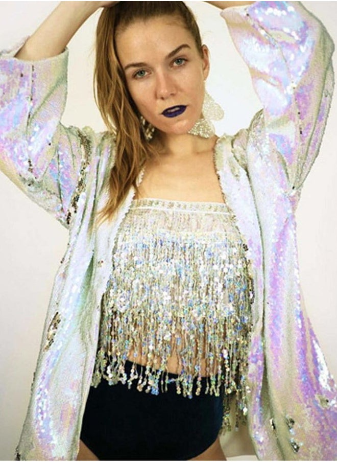 Aimimier - Belly Dance Hip Skirt Sequins Tassel Scarf Multi-Layered Belly Belt Dance Wrap Rave Costume Performance Festival Dresses for Women (Silver) - Image 1