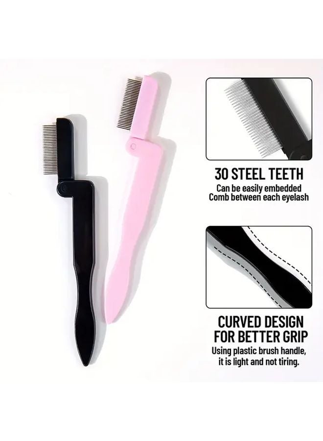 Black Pink Foldable Eyelash Comb Stainless Steel Mascara Brush Separator Travel Makeup Tool - Image 5
