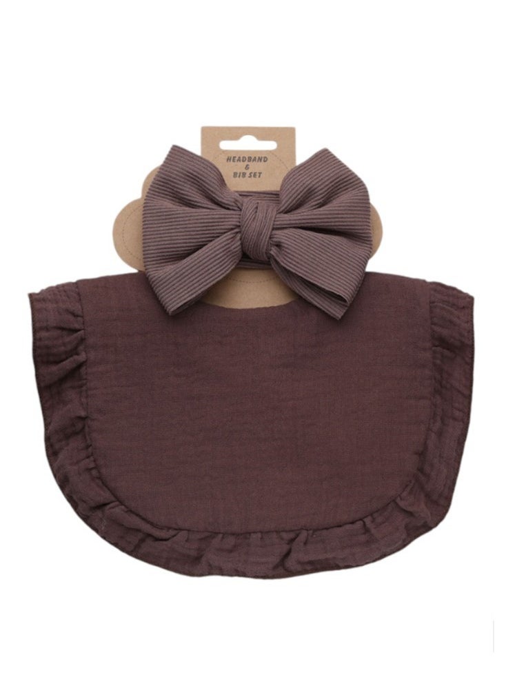 Bambimici Bambimici - Ava Small Ribbon Headband & Baby Bib Set - Dark Brown 