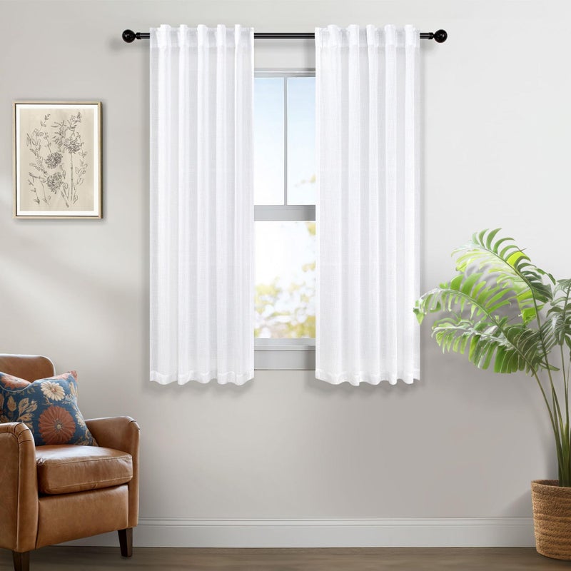 Pitalk White Curtains 38 Inch Width For Kitchen Windows 2 Panel Back Tab Rod Pocket Linen Cafe Tier Light Filtering Short Sheer Curtains For Bathroom Laundry Basement Farmhouse Decor Wide 38X45 Length - Image 2