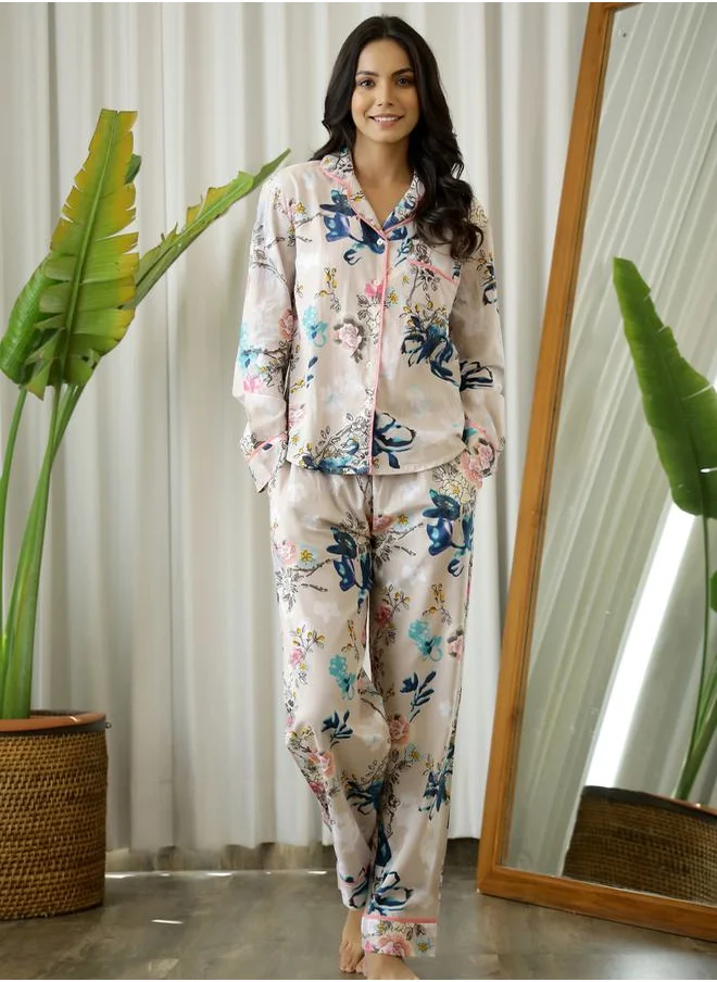 sanskrutihomes Floral Print Cotton Shirt & Pyjama Set by Styli