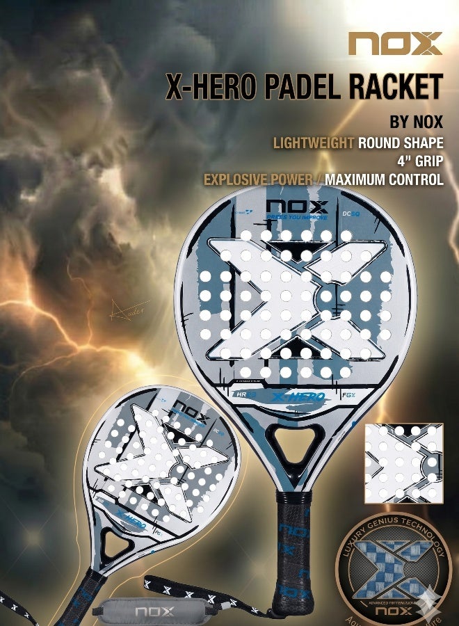 NOX X-Hero Padel Racket – 4” Grip, Lightweight Round Shape, Soft Feel Control for Beginners & Intermediate Players, White - Image 1