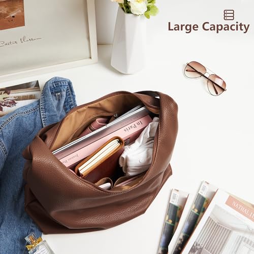 KALIDI Casual Tote Bag Vegan Leather Hobo Zipper Work Bag Weekender Shoulder for Women Shoulder Travel Purse (Dark Coffee) - Image 2