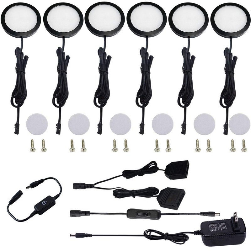 AIBOO Under Cabinet LED Black Cover Puck Lighting Kit with Touch Dimmer Switch for Kitchen Cupboard Closet Lighting (6 Lights,Daylight White) - Image 1