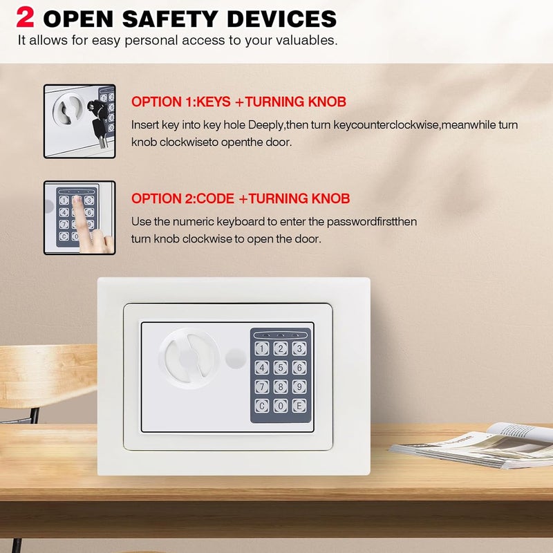 Harmony Home صندوق الأمان الرقمي هارموني هوم للمنازل والمكاتب والفنادق | صندوق أمان معدني لحماية الأموال مع لوحة مفاتيح ومفاتيح طوارئ | صندوق قفل بكلمة مرور للنقود والمجوهرات وجوازات السفر والمستندات (أبيض) - Image 5