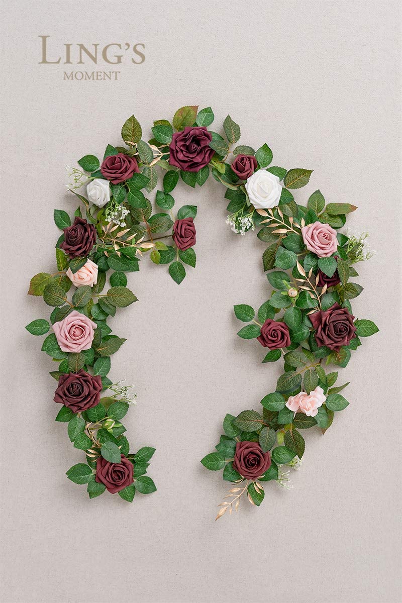 Ling's moment Ling's Moment Artificial Rose Flower Runner Rustic Flower Garland Floral Arrangements Wedding Ceremony Backdrop Arch Flowers Table Centerpieces Decorations (5FT Long  Burgundy)  - Image 5