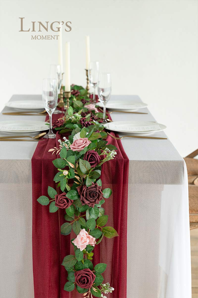 Ling's moment Ling's Moment Artificial Rose Flower Runner Rustic Flower Garland Floral Arrangements Wedding Ceremony Backdrop Arch Flowers Table Centerpieces Decorations (5FT Long  Burgundy)  - Image 2