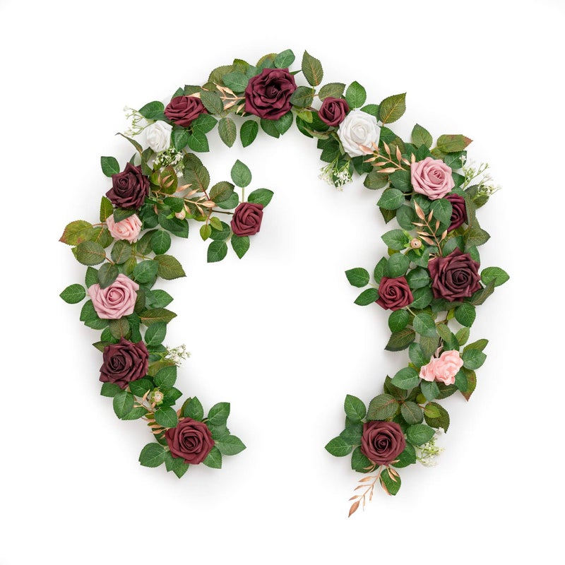 Ling's moment Ling's Moment Artificial Rose Flower Runner Rustic Flower Garland Floral Arrangements Wedding Ceremony Backdrop Arch Flowers Table Centerpieces Decorations (5FT Long  Burgundy)  - Image 1