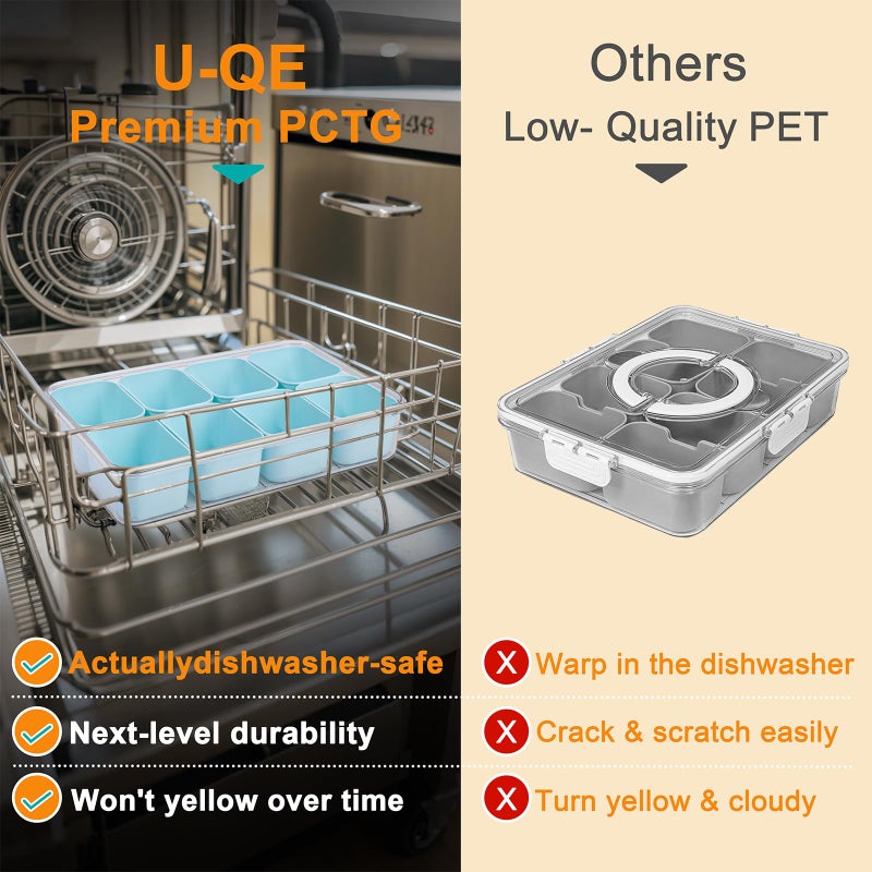 U-QE Dishwasher Safe Snackle Box Container with 8 Small Snacks Box - Premium Mint Green Plastic Divided Serving Tray with Lid and Handle for Snack, Veggie, Fruits, Perfect for Party, Picnic - Image 3