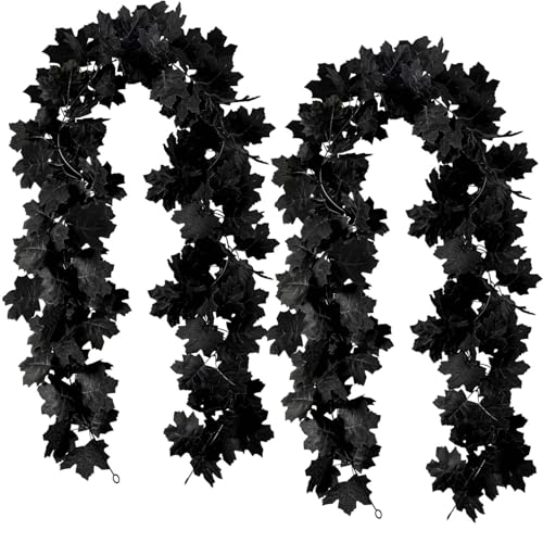 KVCSYAW Black Maple Leaf Garland, 2PCS Halloween Artificial Hanging Fall Leave Vines, Fall Floral Garlands Thanksgiving Decor for Home Wedding Party (11.8FT) - Image 1