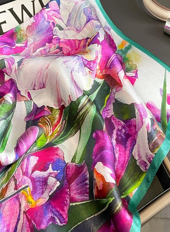 MEISEE Mulberry Silk Scarfs Women Small Square Scarf 21" x 21" Breathable Lightweight Neckerchief Headscarf (23- Pink green flowers) - Image 3