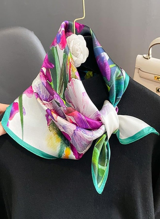 MEISEE Mulberry Silk Scarfs Women Small Square Scarf 21" x 21" Breathable Lightweight Neckerchief Headscarf (23- Pink green flowers) - Image 2