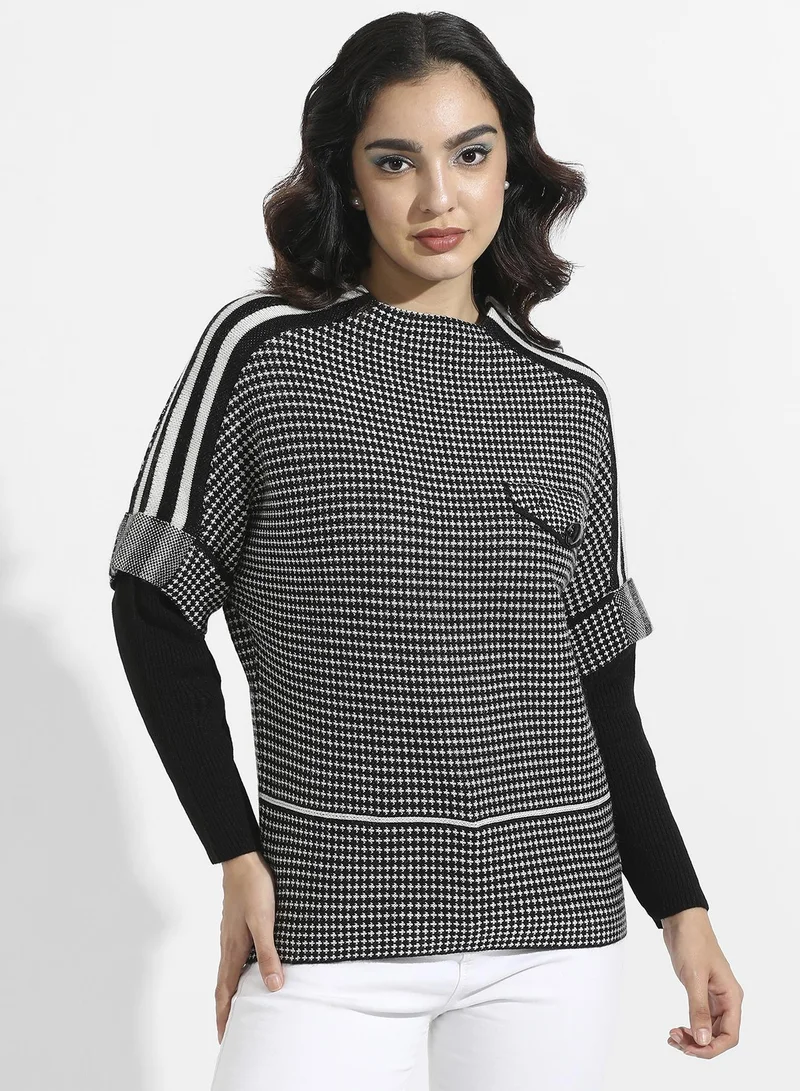 Women's Black Raglan Sleeve Textured Pullover Sweater For Casual Wear | Mock Neck  | Long Sleeve | Pull On Closure | Acrylic Sweater Crafted With Comfort Fit For Everyday Wear