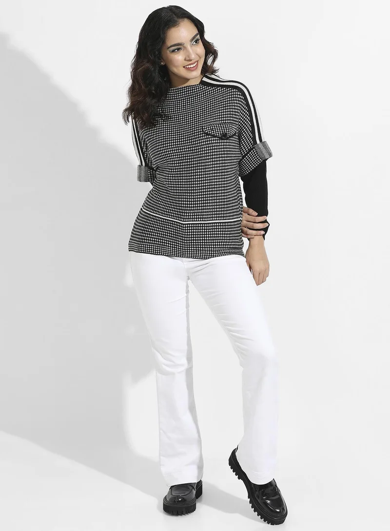 Pinacolada  Women's Black Raglan Sleeve Textured Pullover Sweater For Casual Wear | Mock Neck  | Long Sleeve | Pull On Closure | Acrylic Sweater Crafted With Comfort Fit For Everyday Wear for Women | Best Price UAE
