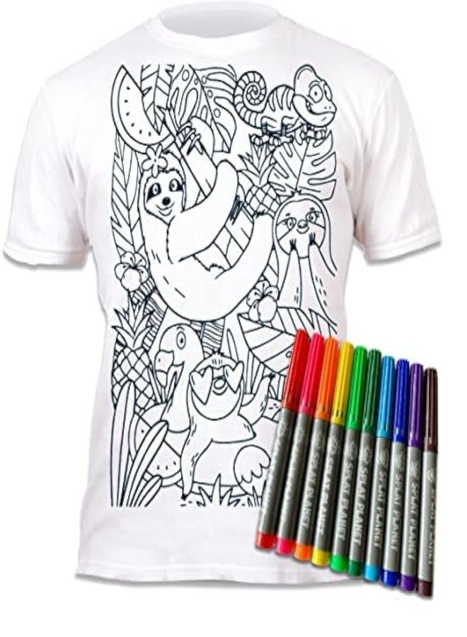 Splat Planet Color-in Sloth Jungle T-Shirt with 10 Non-Toxic Washable Magic Pens - Color in and Wash Out T-Shirt (5-6 Years) White - Image 1
