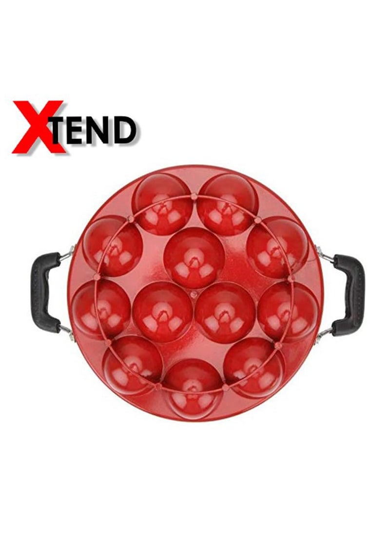 XTEND Xtend Non-Stick 12 Cavity Appam Patra Paddu Paniyarakkal Maker Chatty Paniyaram Pan Ponganal Baati Litti Baking Pot with Steel Lid (Aluminium, Non-Stick)  - Image 3